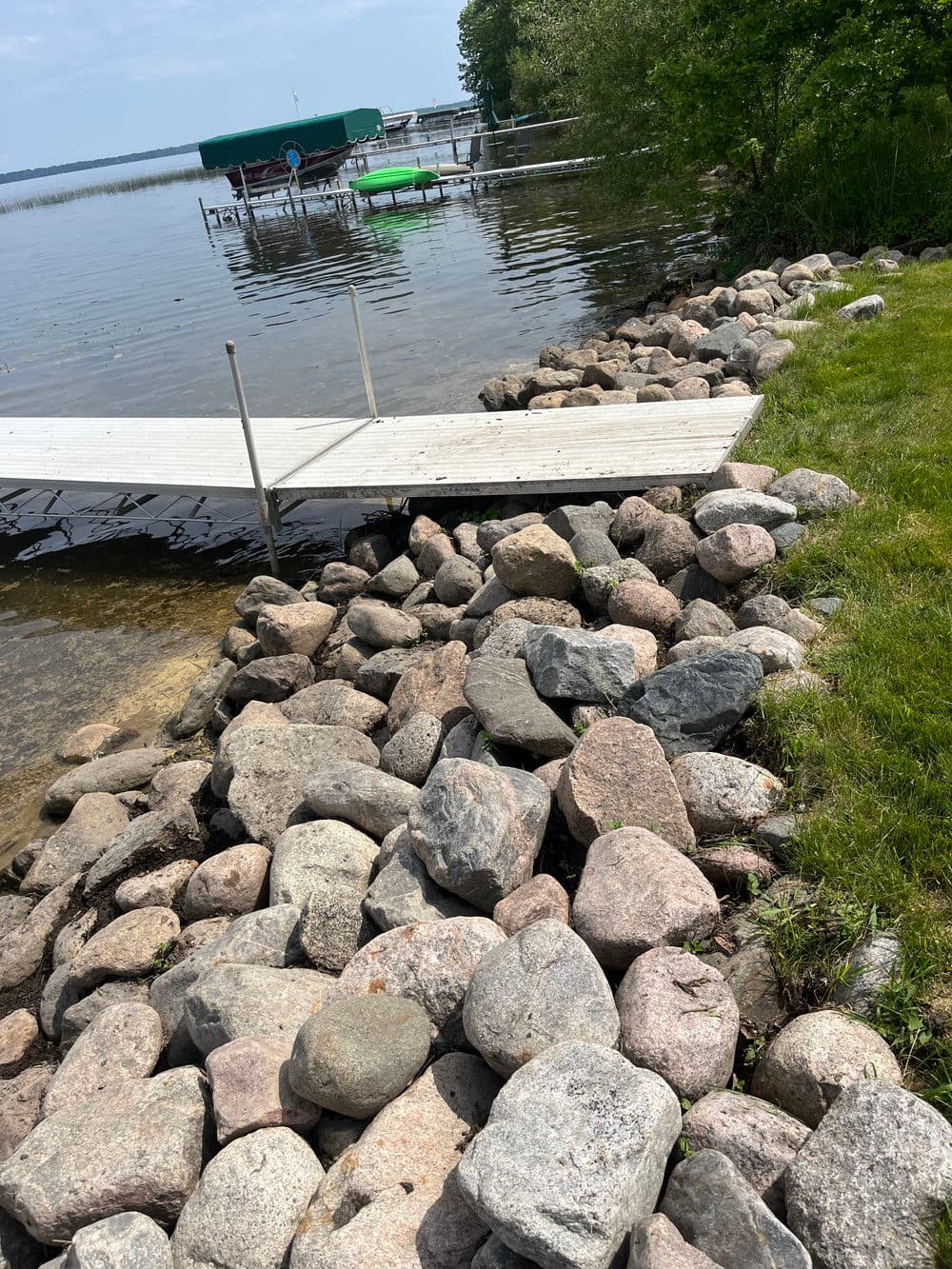 Dock leading to a lake surrounded by large rocks and green grass on a sunny day.
